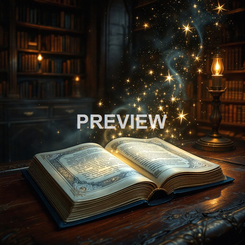 An open ancient-looking book resting on a wooden table in a dimly lit, cozy library with glowing sparks and magical light effects emanating from it.
